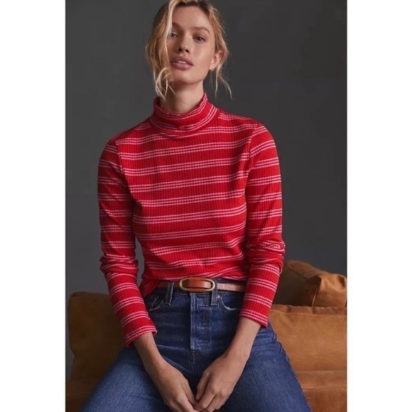 Anthropologie || Maeve Ribbed Stripe Turtleneck Red Pink XS - Picture 1 of 8